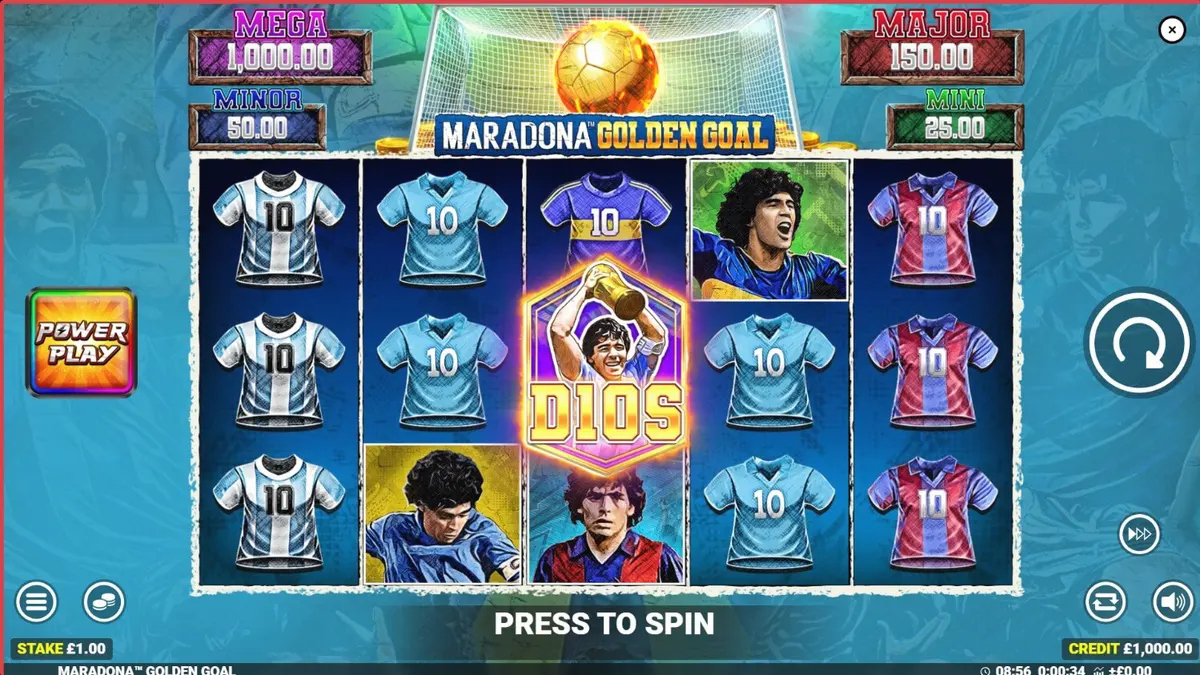 Tela do jogo Maradona Golden Goal com elementos de futebol e jackpots